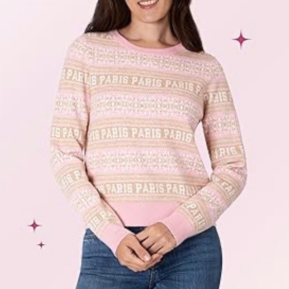 Paris Hilton Pink Fair Isle Logo Cropped Sweater S Y2K Barbiecore Soft Girl
